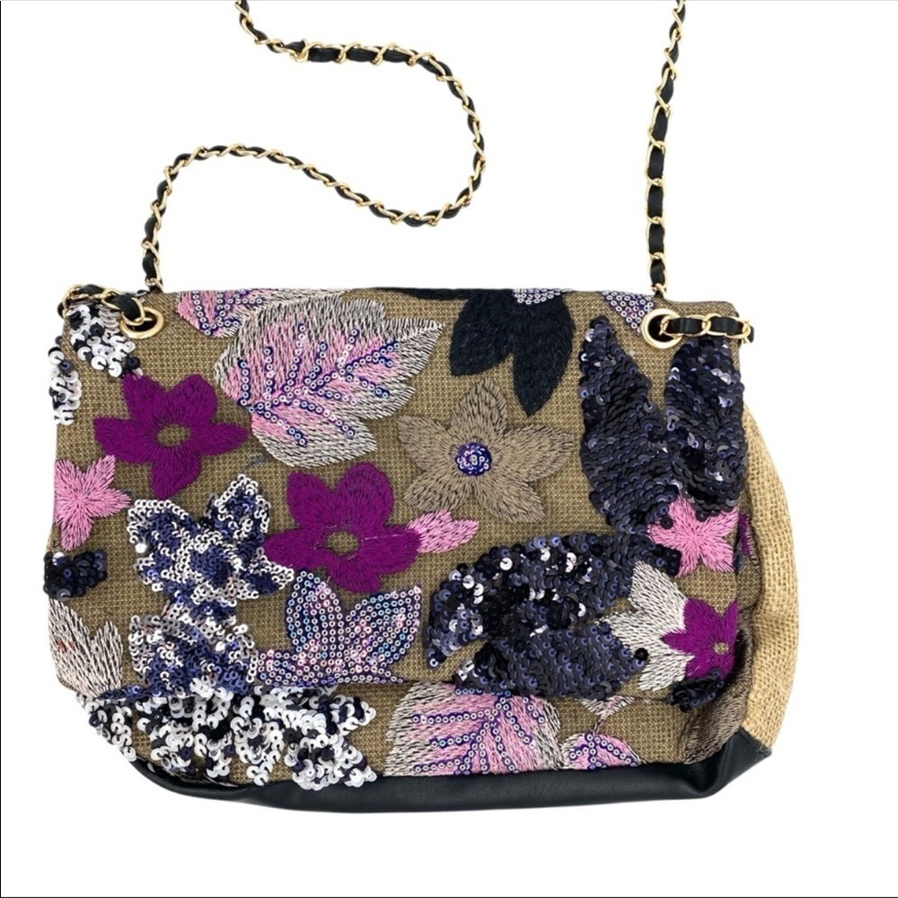 Floral Embroidered Sequin Woven Jute Clutch Shoulder Bag - Picture 2 of 15